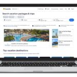 Illustration of a laptop computer screen showing the vacation packages search page for Expedia
