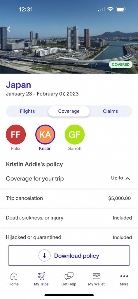 Faye Travel Insurance mobile app interface on a smartphone, displaying policy details and flight information