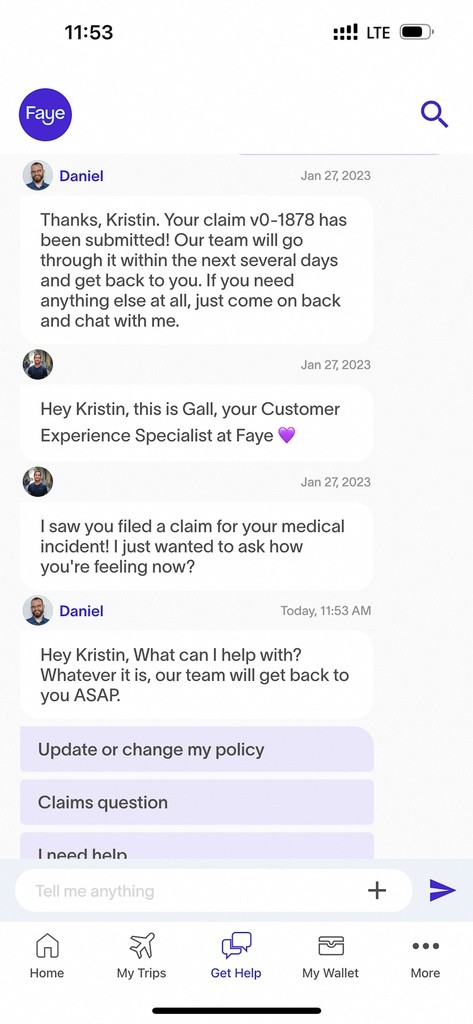 Chat interface within the Faye Travel Insurance app being used to initiate and file a claim