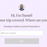 Faye Travel Insurance quote process online, showing location and date input fields for policy generation