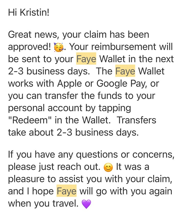 Claim approval notification and wallet balance within the Faye Travel Insurance app showing successful reimbursement