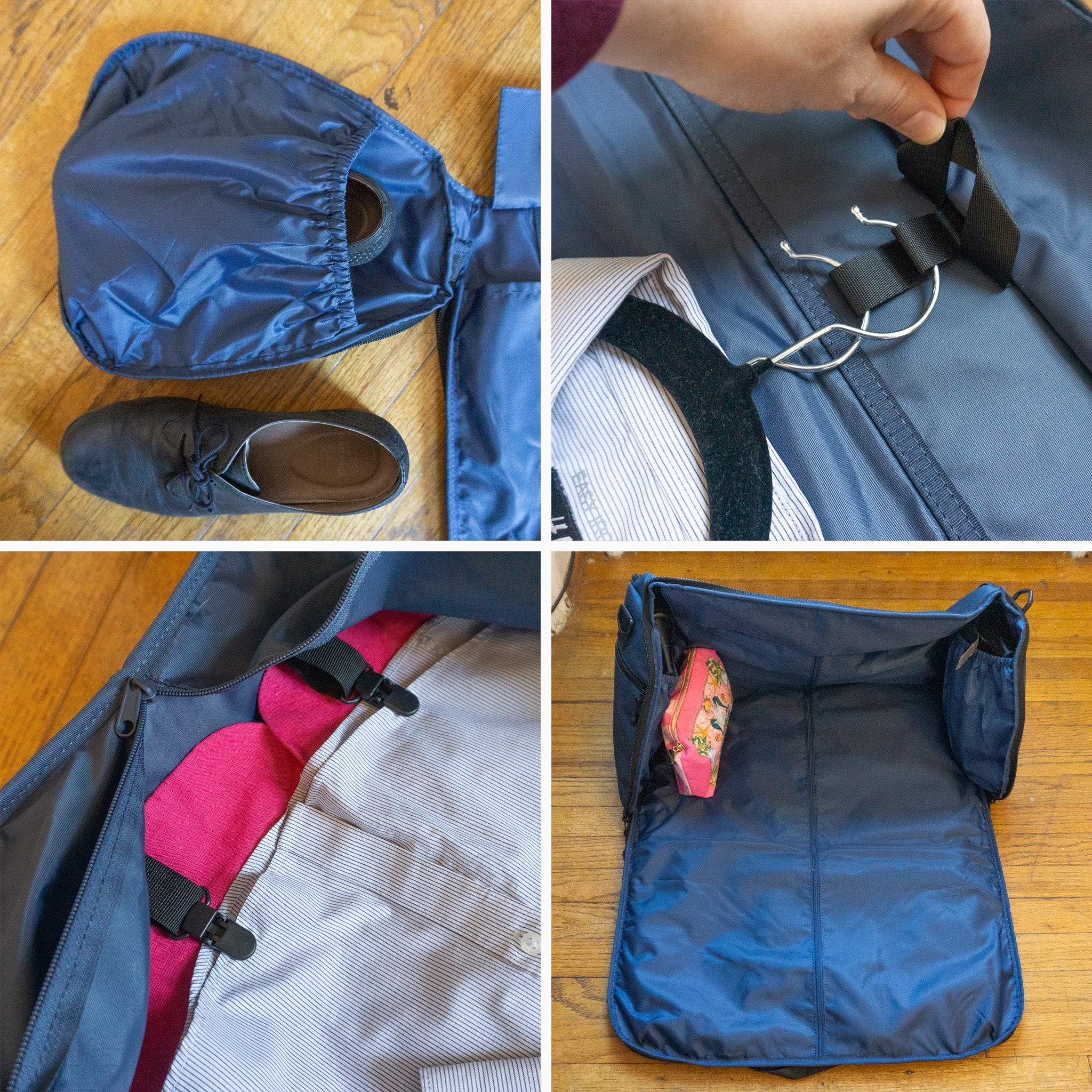 A collage of four close-up shots highlighting features of the Halfday Garment Duffel, including shoe pockets, hanger loops, and zipper details.