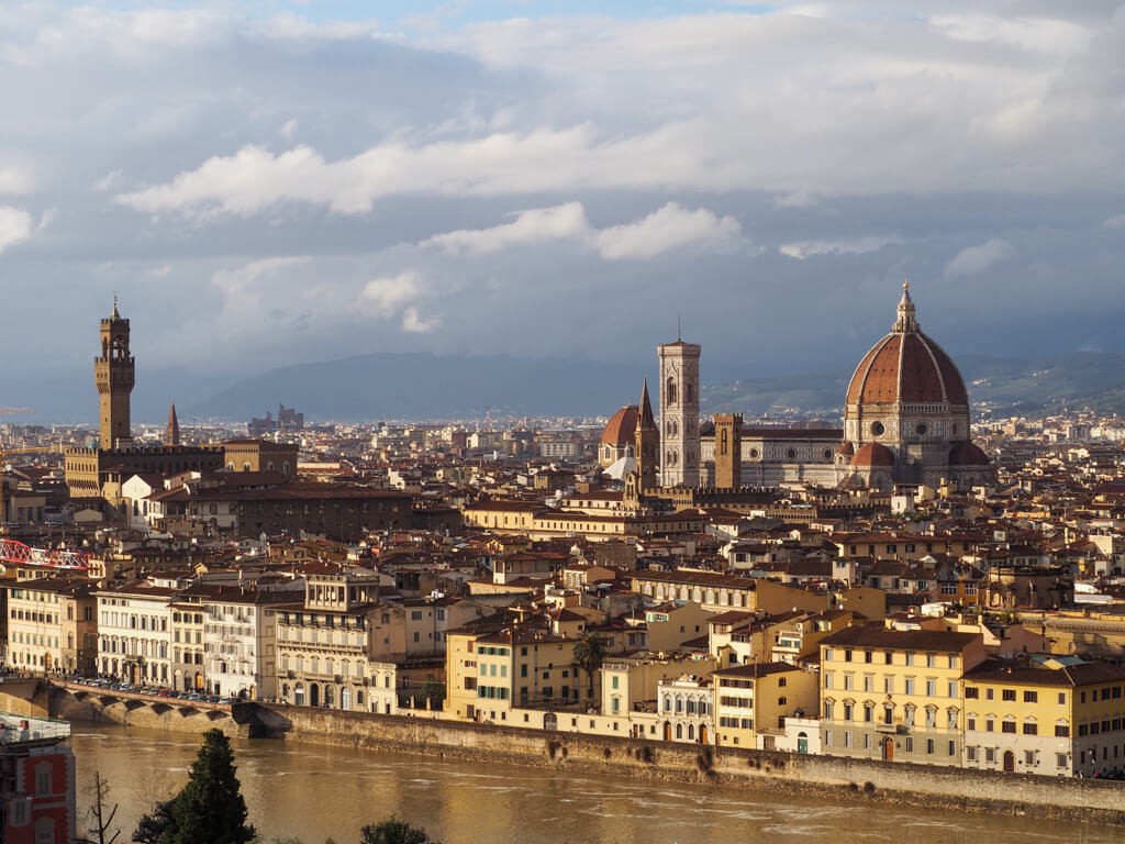 A panoramic view of Florence, Italy, taken from Piazzale Michelangelo, showcasing the city's iconic skyline and architectural beauty.