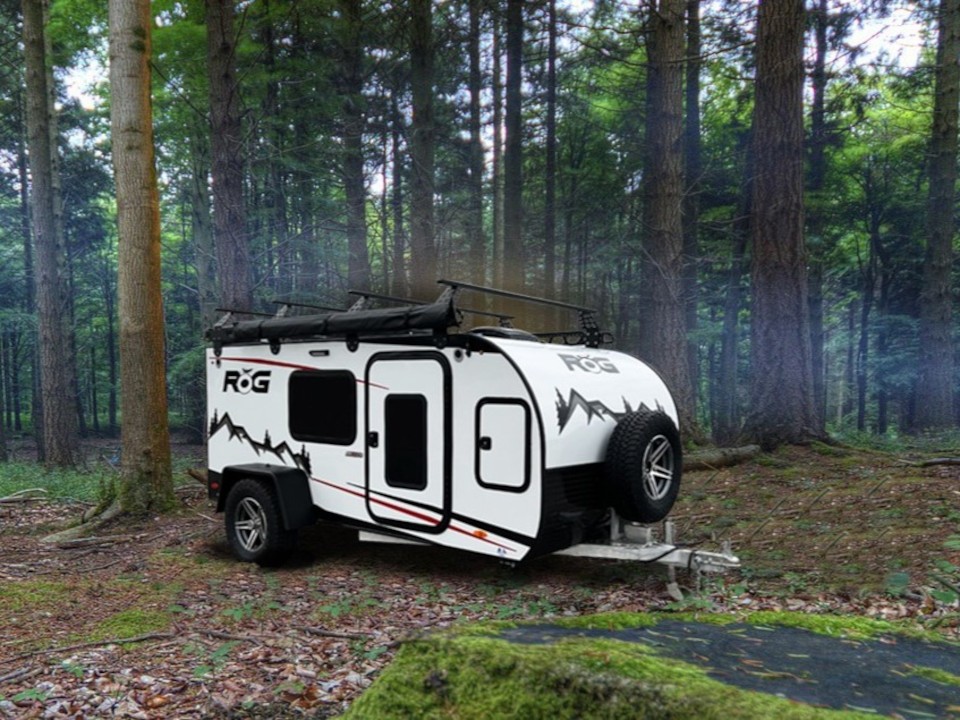 Encore RV RŎG series travel trailer, showcasing the brand's previous lightweight and rugged designs, relevant to the new 1500 lb VENŪ.