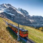 The red train running on the Jungfrau Railway in Switzerland.