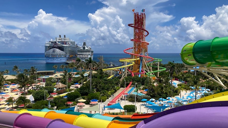 Cruise ships docked in the Bahamas, symbolizing popular resort destinations for Travel Tuesday deals.