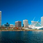 Downtown Milwaukee skyline with the Milwaukee Art Museum on the right showcasing the city's modern architecture and vibrant urban atmosphere