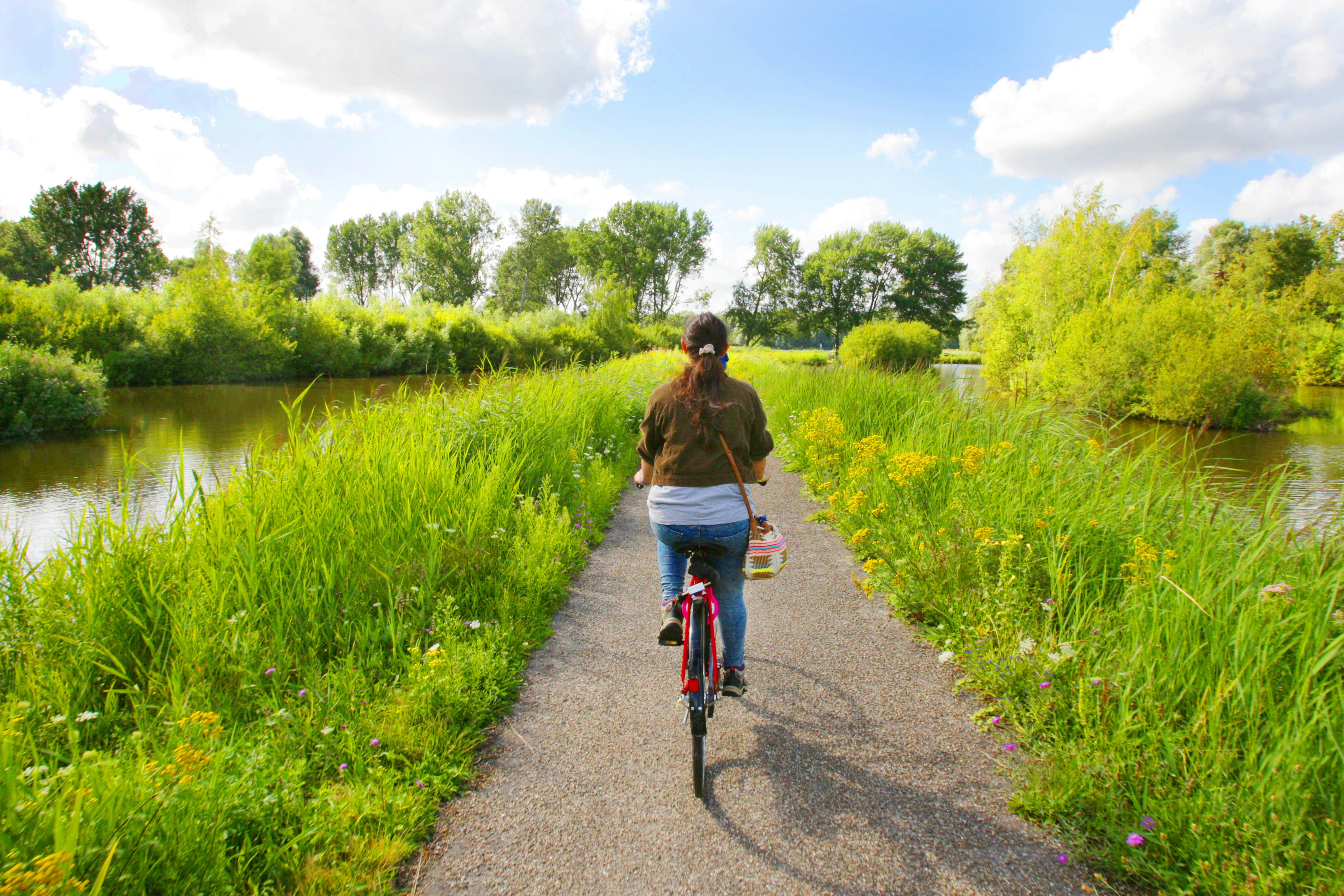 A girl riding bicycle during summer in Amsterdam