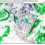 Geographic map showing precipitation forecast in shades of green, blue and white