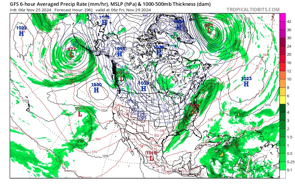 Geographic map showing precipitation forecast in shades of green, blue and white