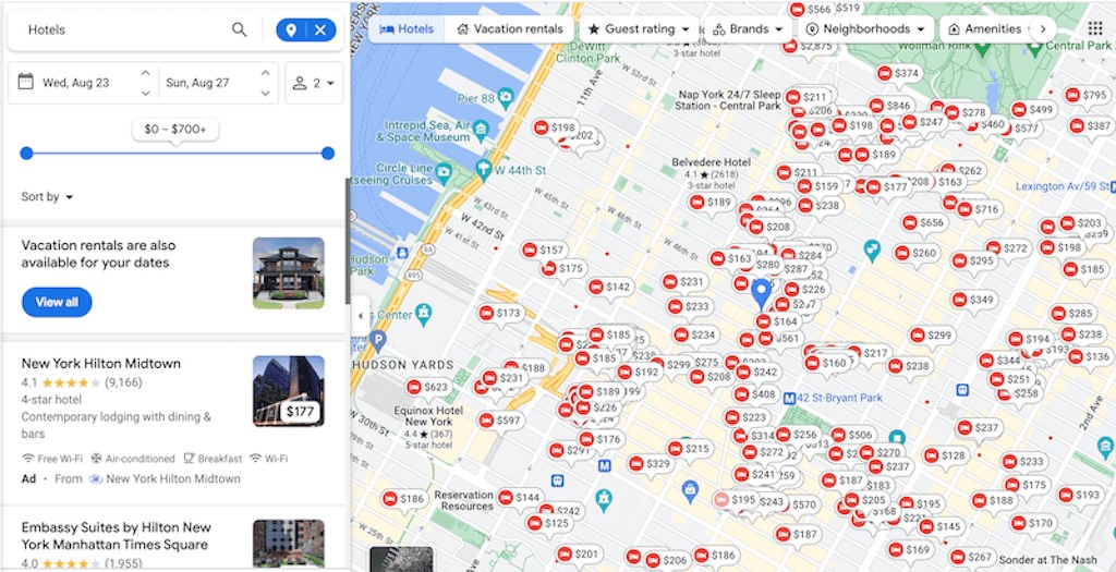 Screenshot of Google Maps Hotels interface with price filters