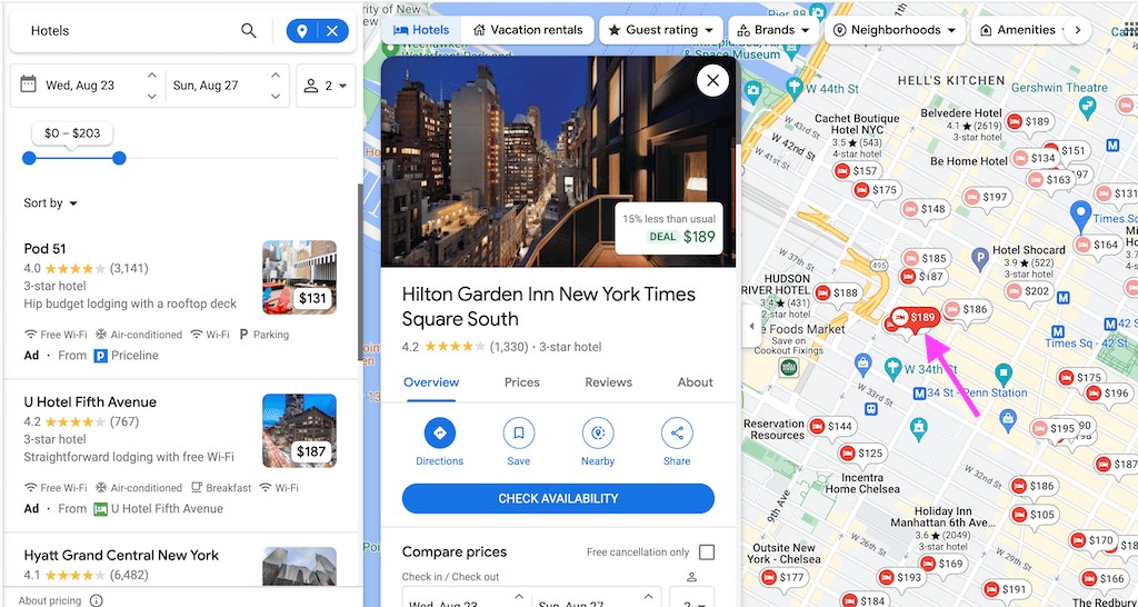 Screenshot of Google Maps Hotels showing price comparison for a selected hotel