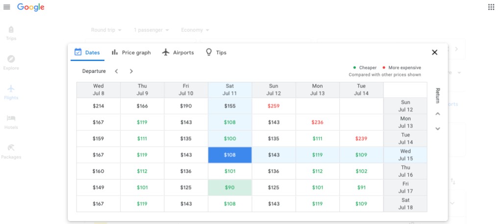 Google flights price grid