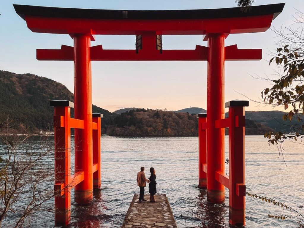 Hakone Shrine torii gate overlooking Lake Ashi