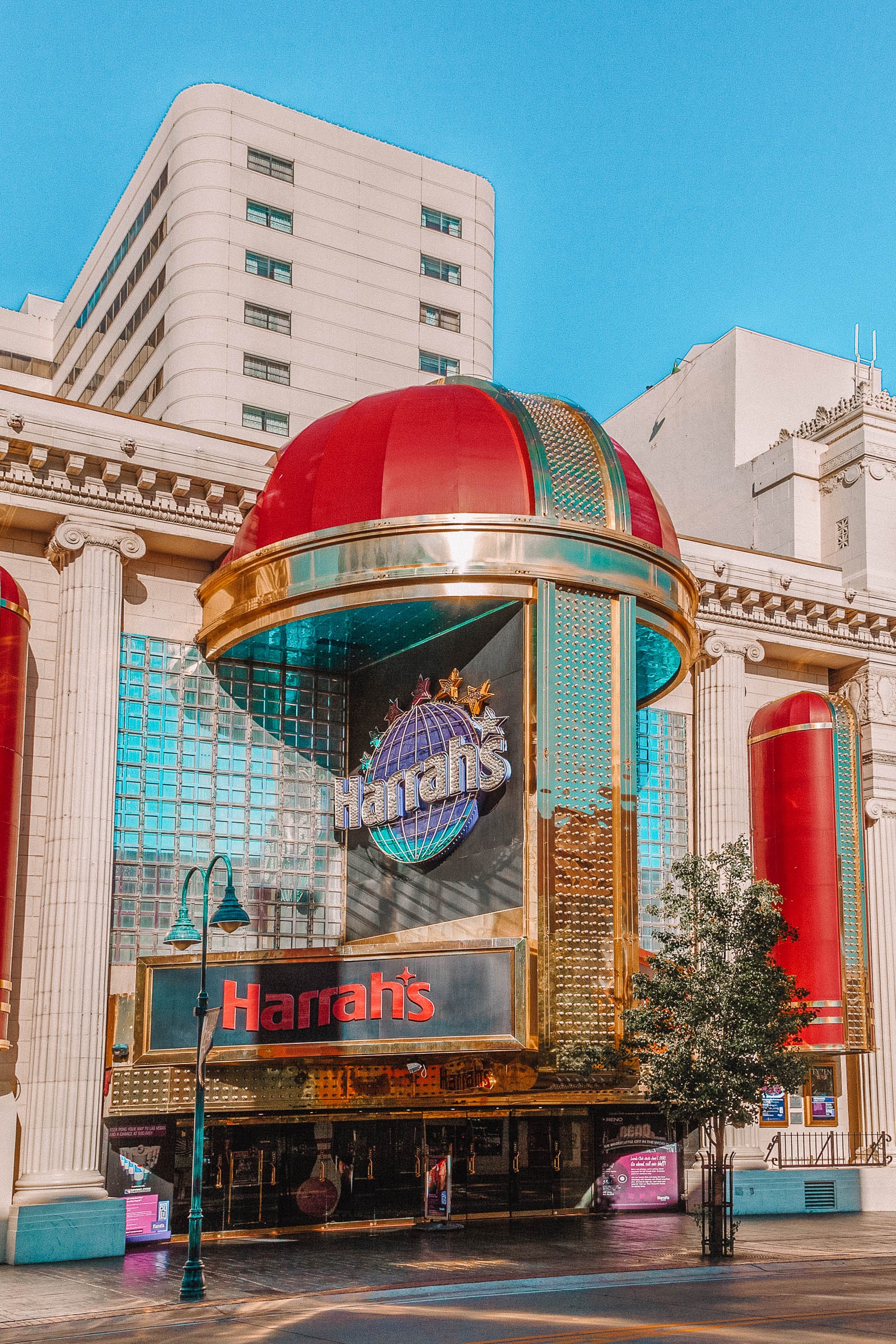 A modern casino building in Reno with neon lights, representing the nightlife in nevada travel destinations