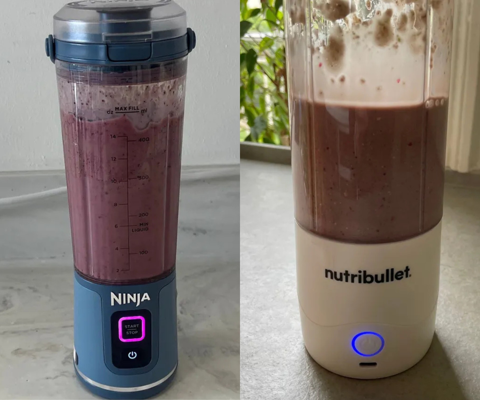 Ninja Blast and Nutribullet portable blenders with protein shake