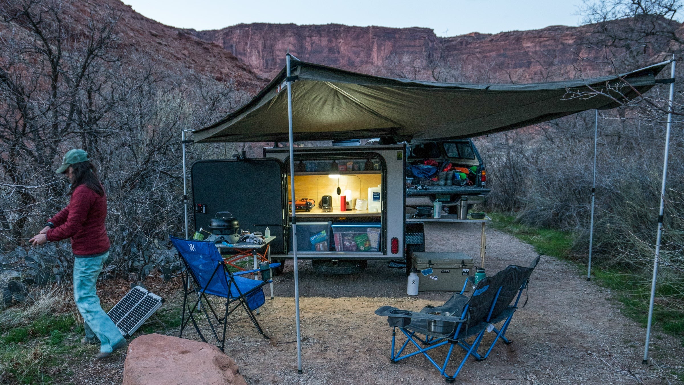 The rear hatch kitchen area of the Hiker Trailer provides a convenient cooking and food preparation space while camping.