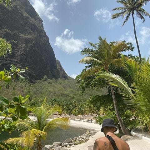 Dua Lipa and Anwar Hadid in St. Lucia, July 2020, labeled as &quot;island isolation&quot;