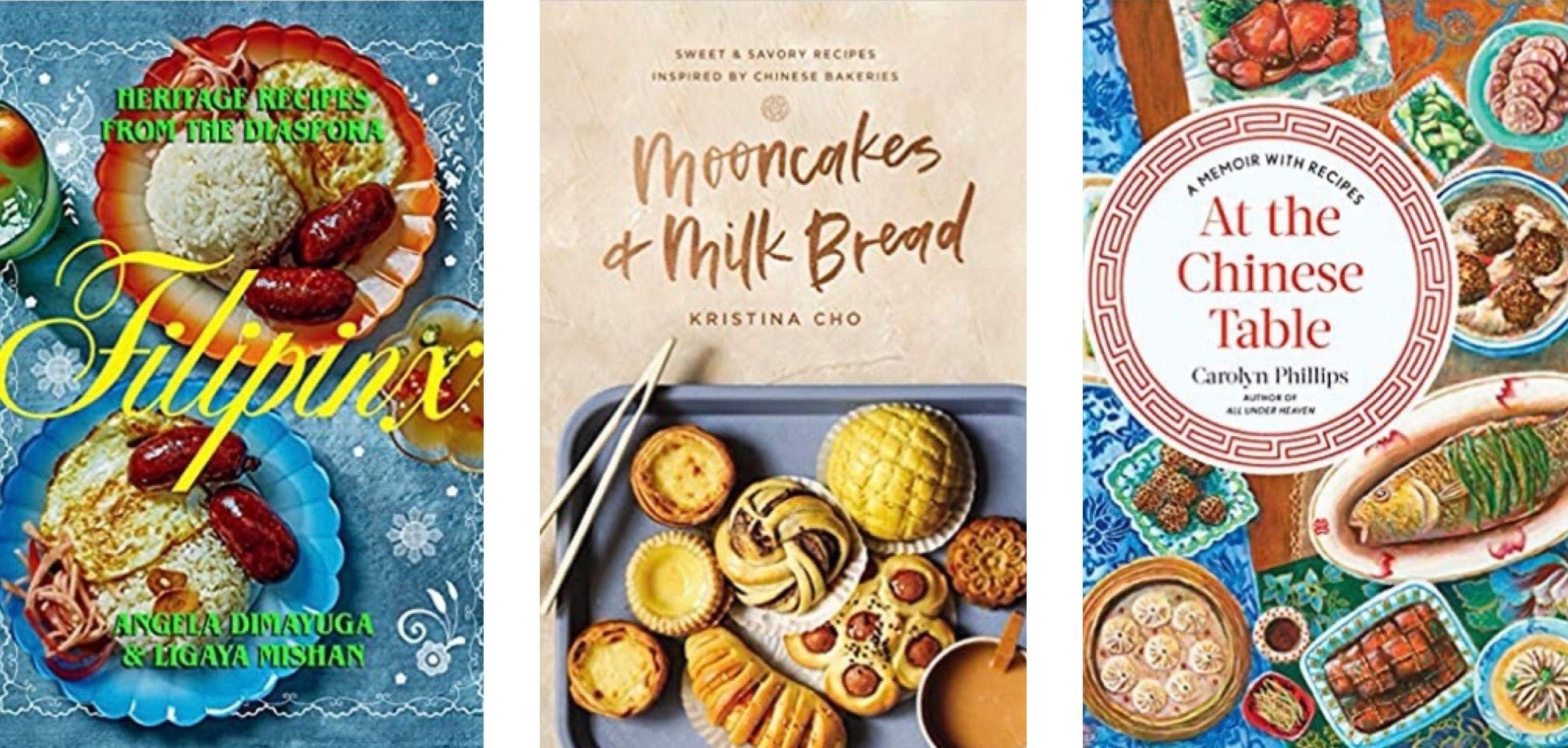 Book covers of international cookbooks and memoirs, perfect for kitchen-counter travel