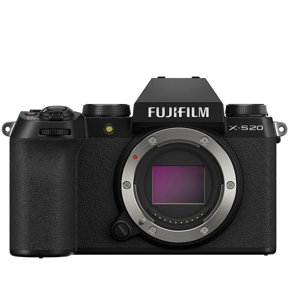 Product shots of the Fujifilm X-S20 camera, highlighting its vlogging capabilities with the flip-out screen and microphone setup