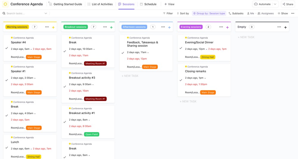 Event planners can use this Conference Agenda Template to help everyone stay on the same page when it comes to planning and organizing events.