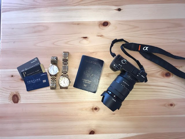 Passport, camera and cards for travel