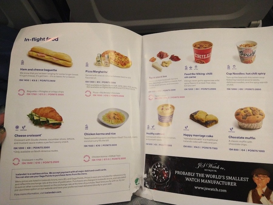 Icelandair in-flight magazine and snack menu