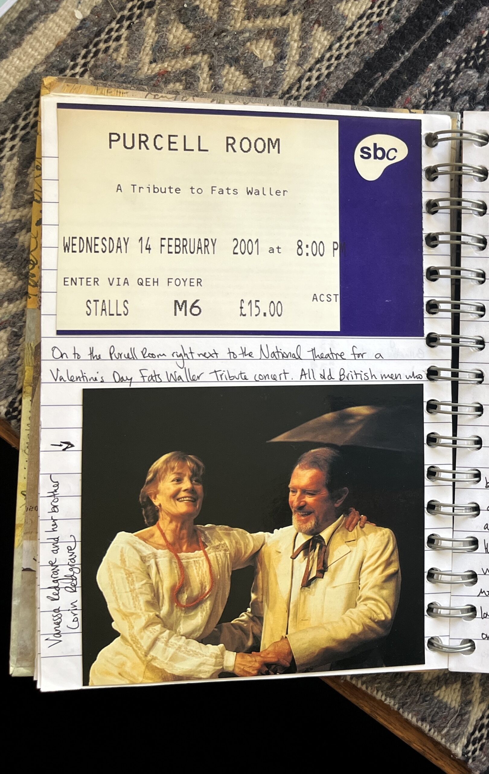 Travel journal page with various glued-in mementos like ticket stubs and receipts, illustrating a personal travel chronicle