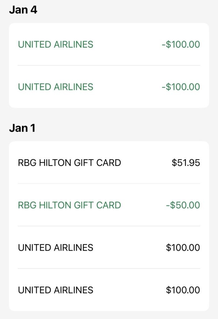 United Travel Bank funding confirmed with Amex Business Platinum airline fee credit, showing two $100 transactions as proof of successful reimbursement in 2025.