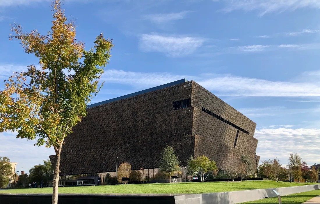 Exterior of the Smithsonian National Museum of African American History and Culture, showcasing its unique architecture on the National Mall in Washington DC