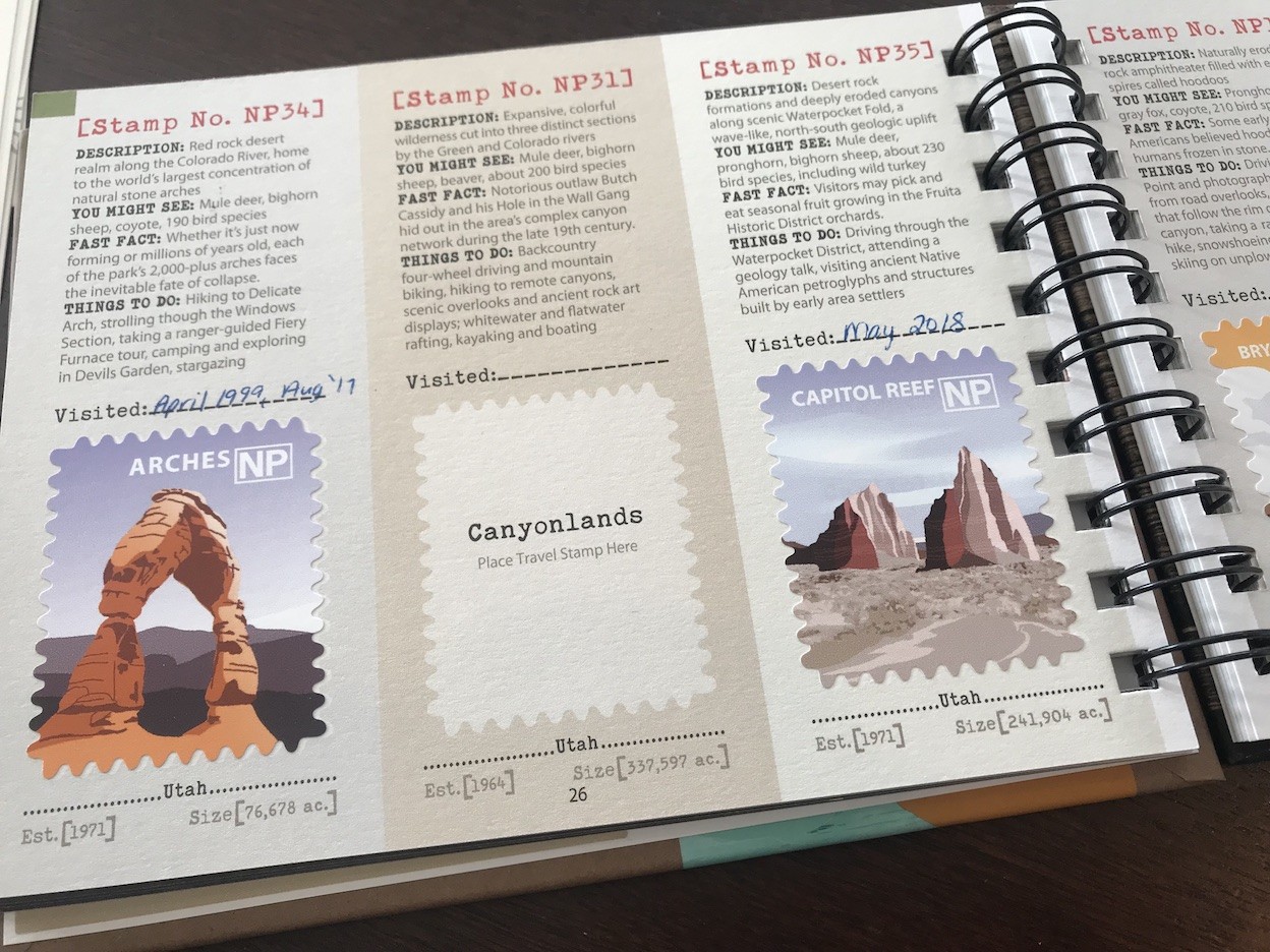 Inside cover of the Travel Stamps U.S. National Parks Album &amp; Guide with space for stickers and personalization