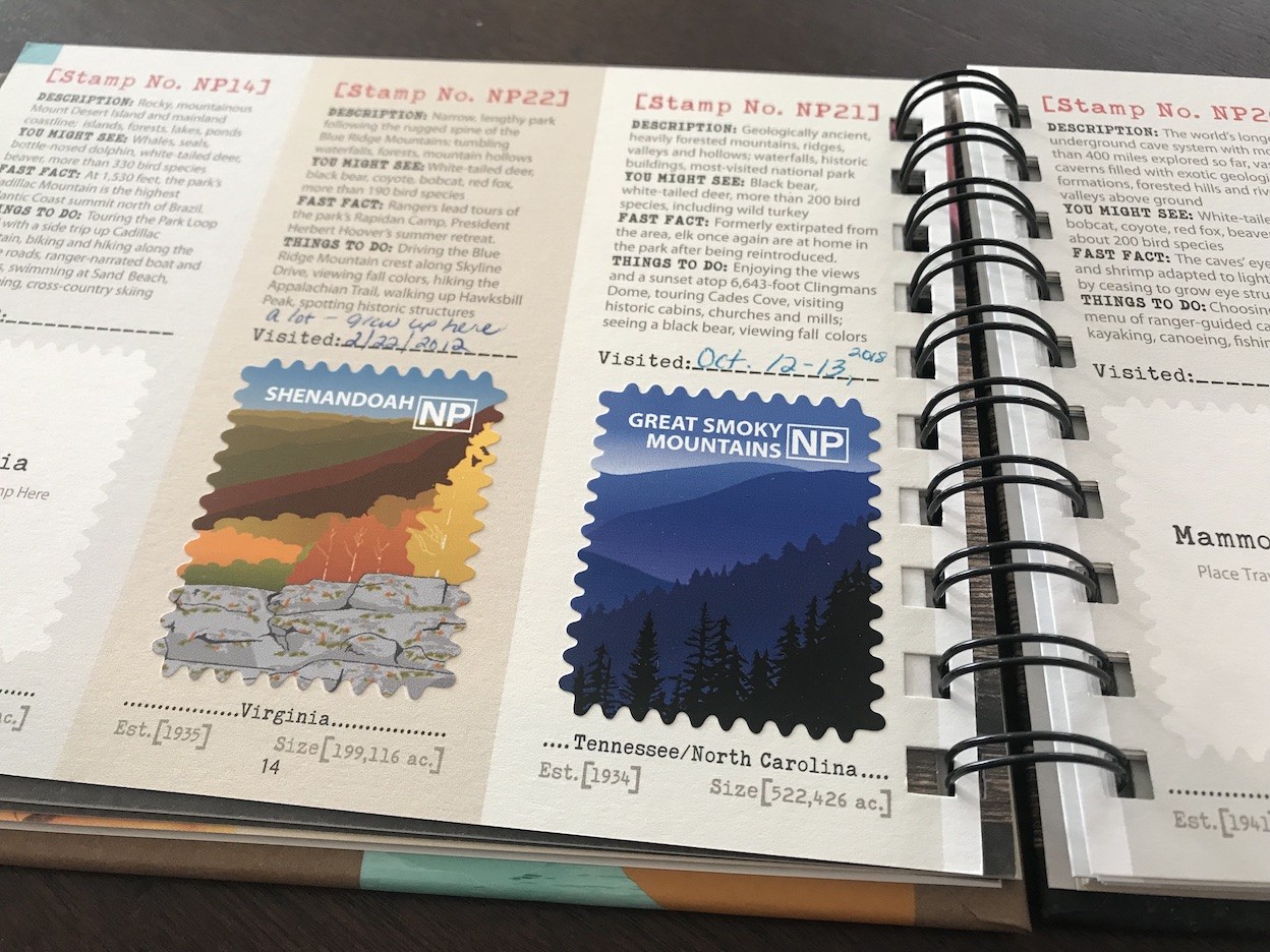 Informative page within the Travel Stamps U.S. National Parks Album &amp; Guide with park description, facts, and activities