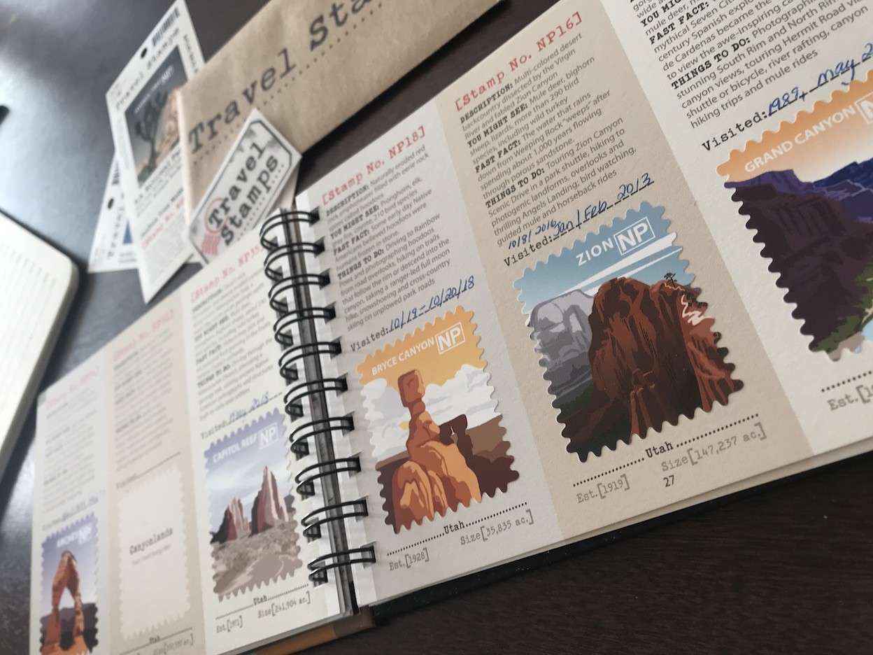 Motivating layout of the Travel Stamps U.S. National Parks Album &amp; Guide encouraging park exploration