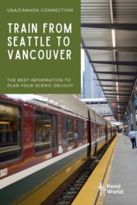 Pinterest pin showcasing an Amtrak Cascades train ready for departure from Seattle to Vancouver, emphasizing safety with platform markings and a conductor in uniform.