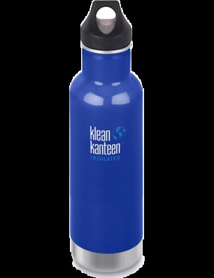 Klean Kanteen insulated water bottle in silver, highlighting its robust and practical design.