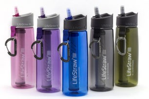 Lifestraw Go Water Bottle with Filter in multiple colors, showcasing its design and portability.