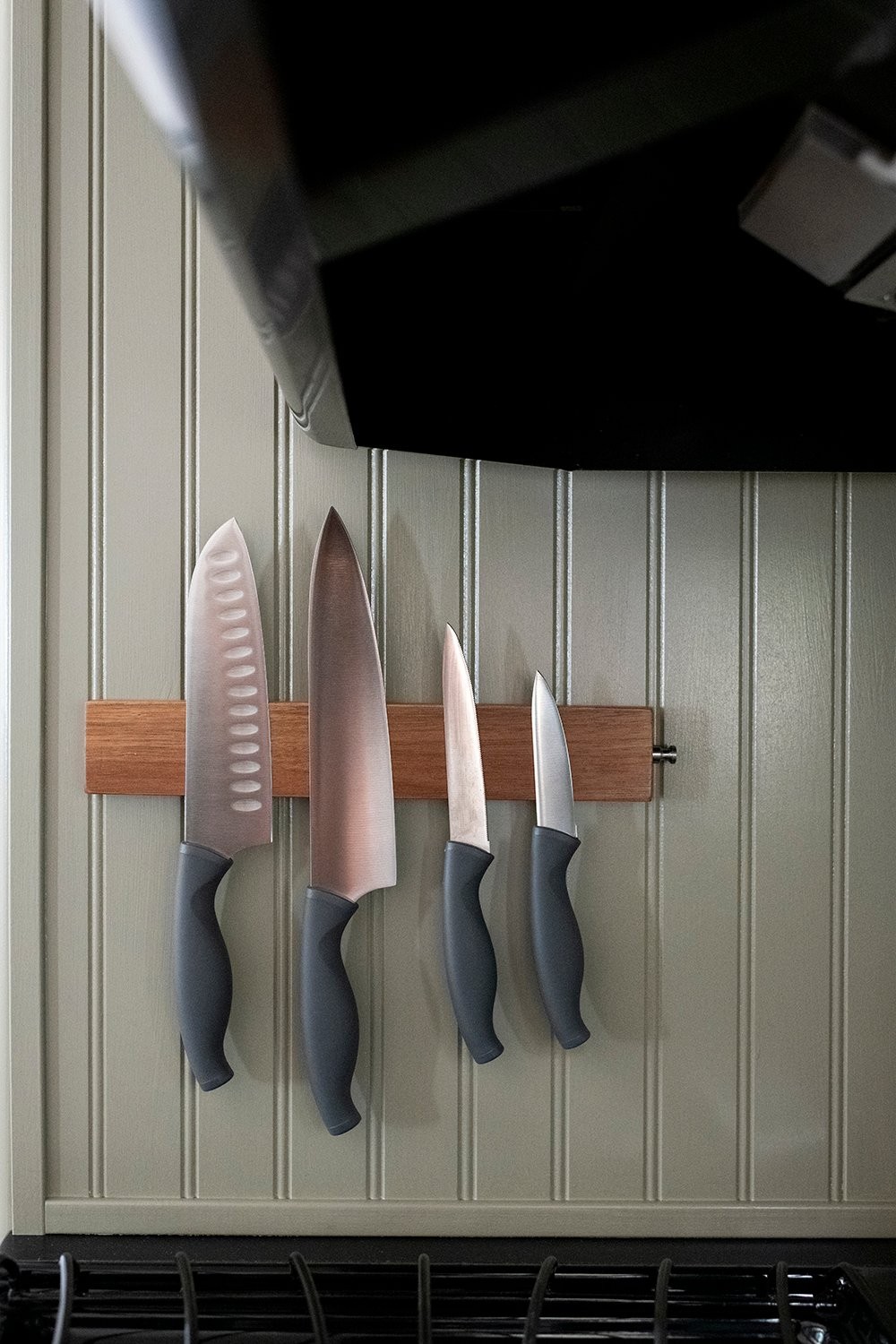 Magnetic knife strip in camper kitchen