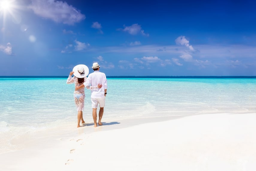 Idyllic beach scene in the Maldives, a top warm destination in February