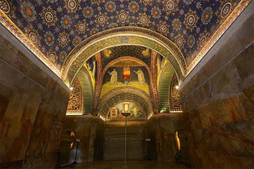 Mausoleo di Galla Placidia in Ravenna, Italy, showcasing its mosaic interiors