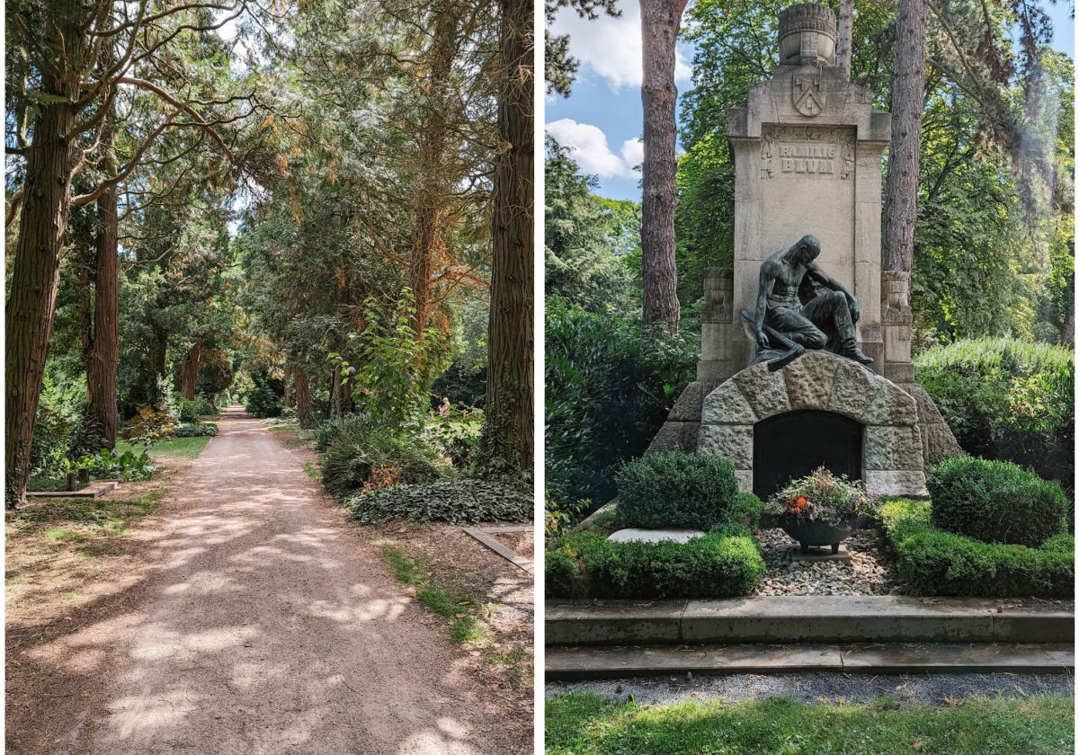 Melatenfriedhof Cemetery Path with Trees and Gravestones