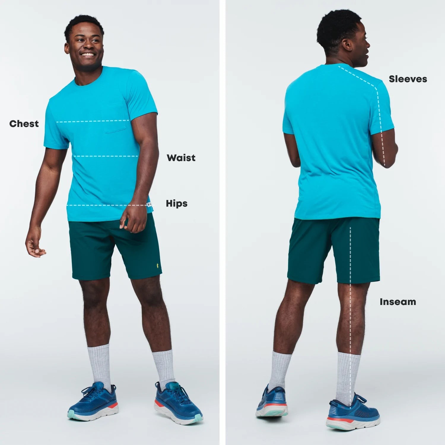 Mens sizing chart in inches and centimeters for apparel, ensuring optimal fit for travel and outdoor clothing.