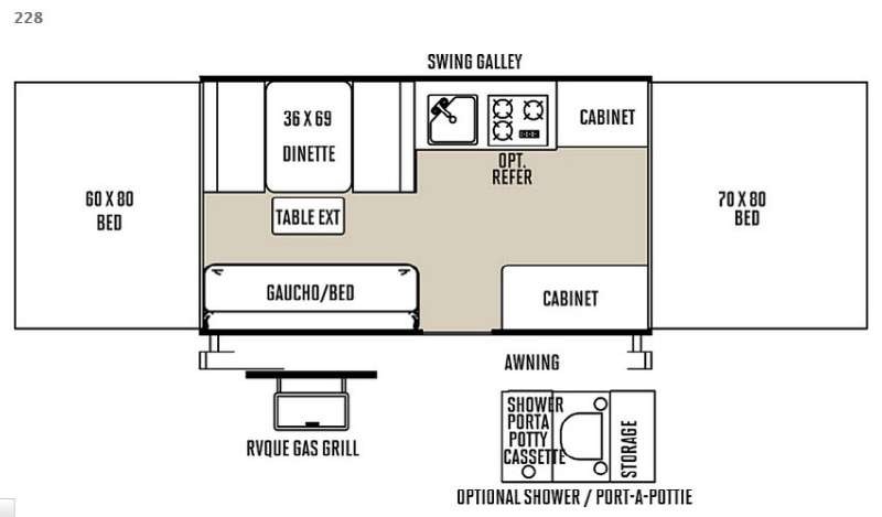 Diagram of the floor plan for a 2015 Forest River RV Flagstaff MACLTD Series 228 folding camper, detailing the layout for family accommodations.