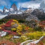 The snow-covered peak of Fitz Roy at sunrise in Argentina