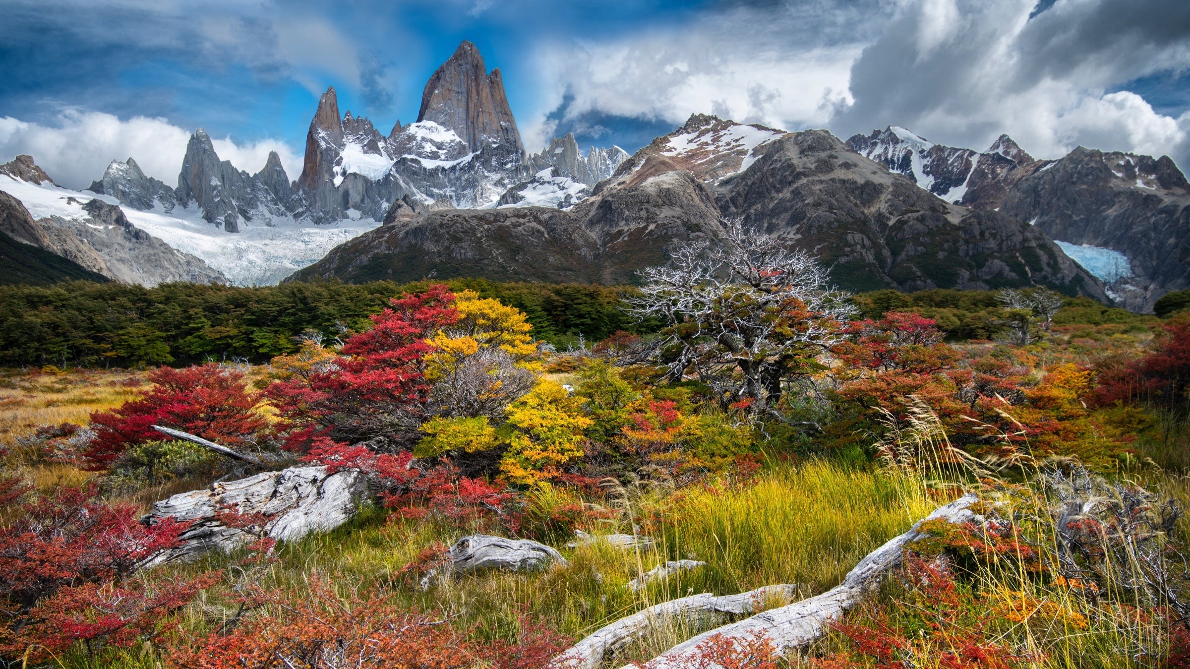 The snow-covered peak of Fitz Roy at sunrise in Argentina