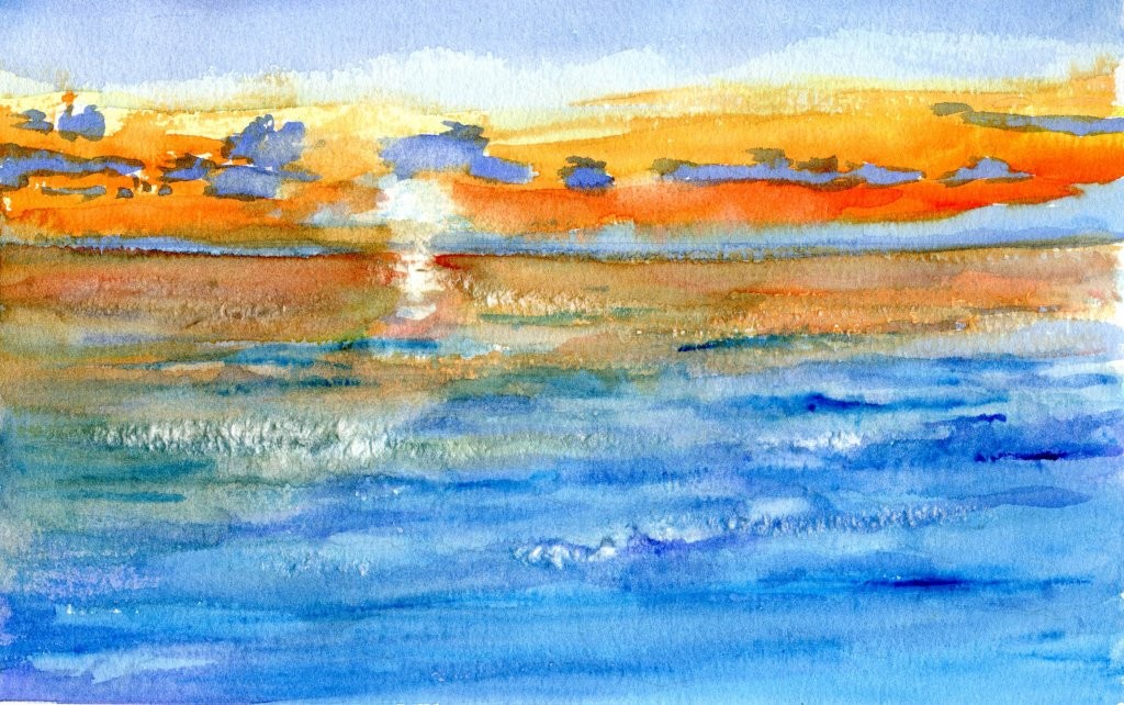 watercolor sunset painted by Sandra Strait with travel brushes