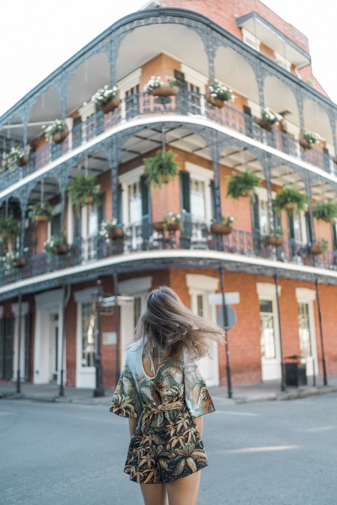 Colorful buildings and wrought iron balconies in the French Quarter, New Orleans