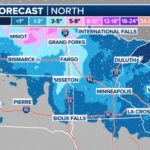 This graphic shows the forecast snow totals in the Upper Midwest and northern Plains.