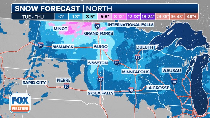 This graphic shows the forecast snow totals in the Upper Midwest and northern Plains.