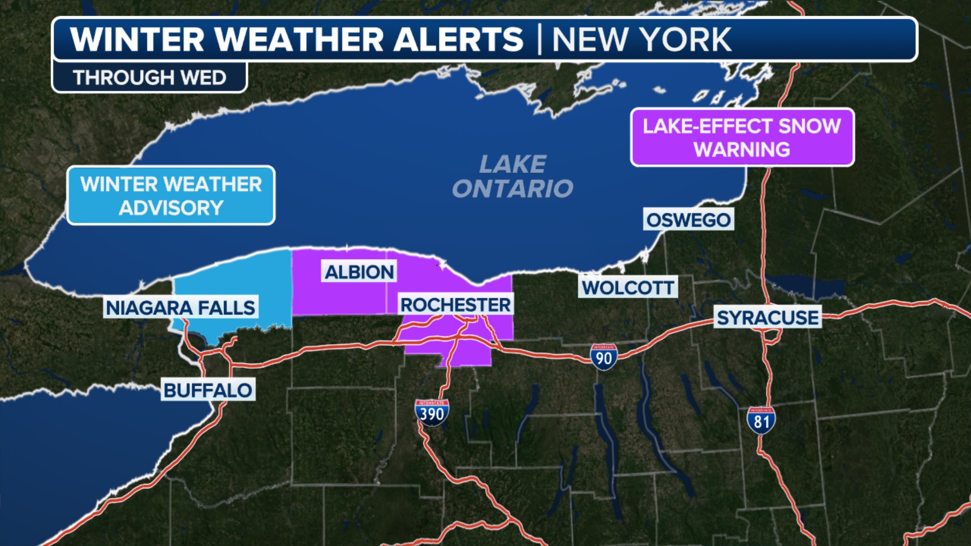 This graphic shows the winter weather alerts in effect in the Northeast.