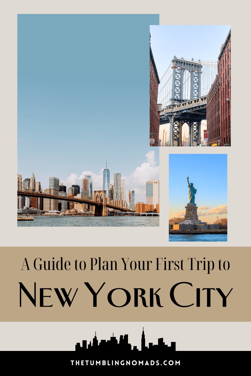 A Pinterest graphic for a New York City travel guide, featuring text overlay &quot;NYC guide&quot;.